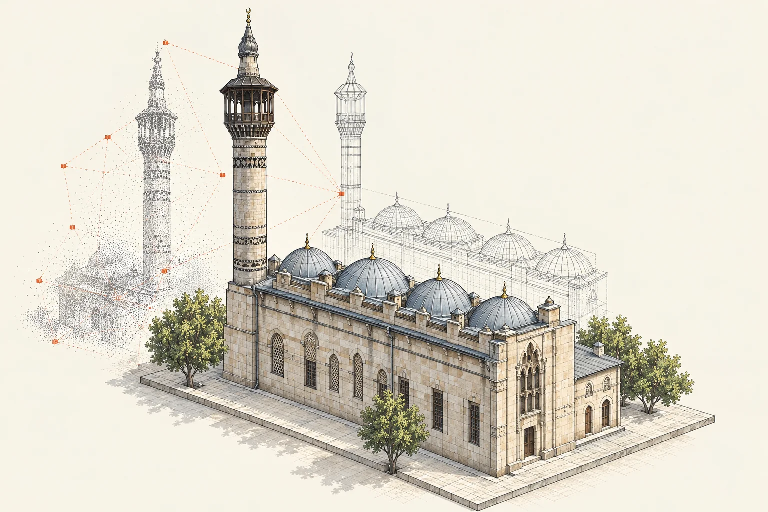 Adana–Ceyhan cami belgelemesi için temsili aksonometrik görselleştirme