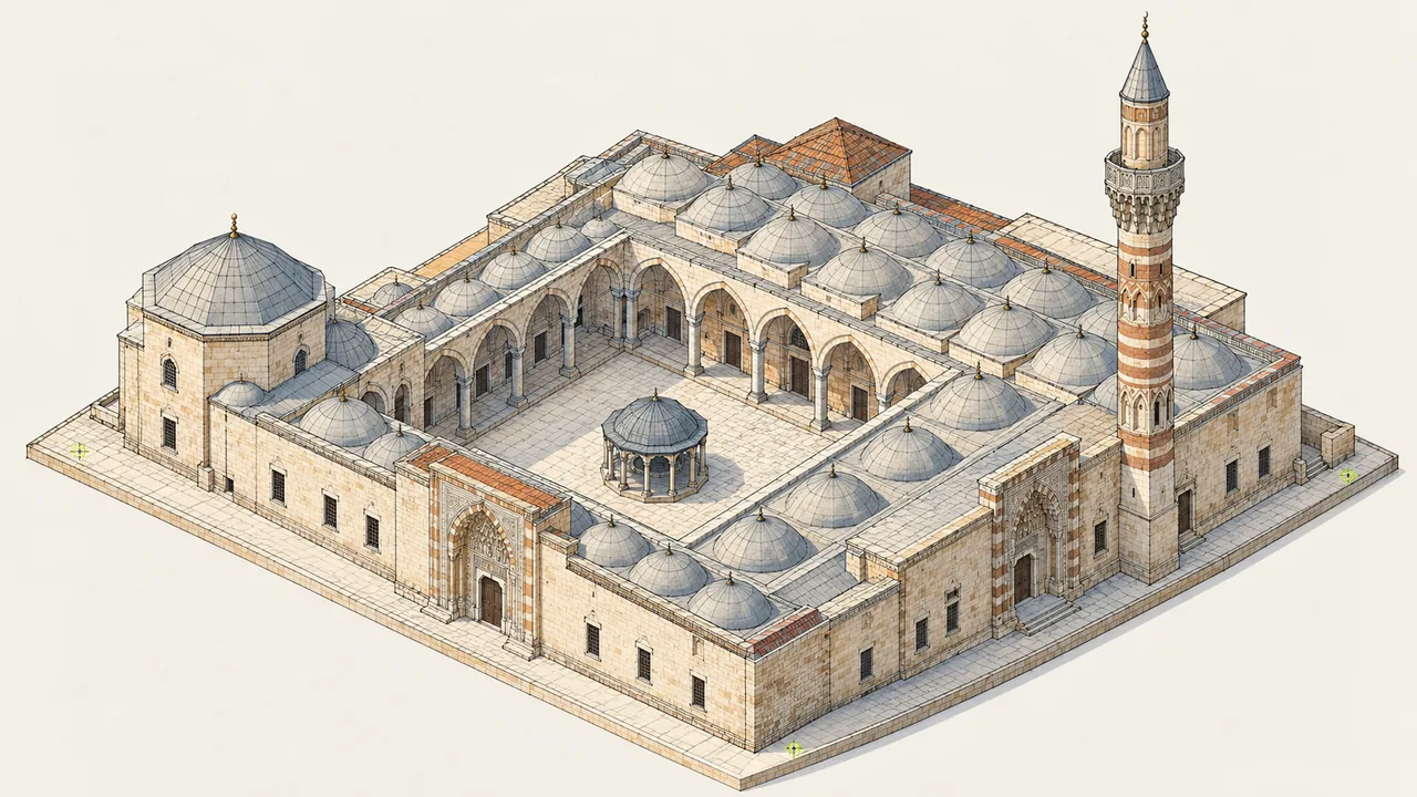 Adana Ulu Camii avlusu ve doğu minaresinin temsili aksonometrisi