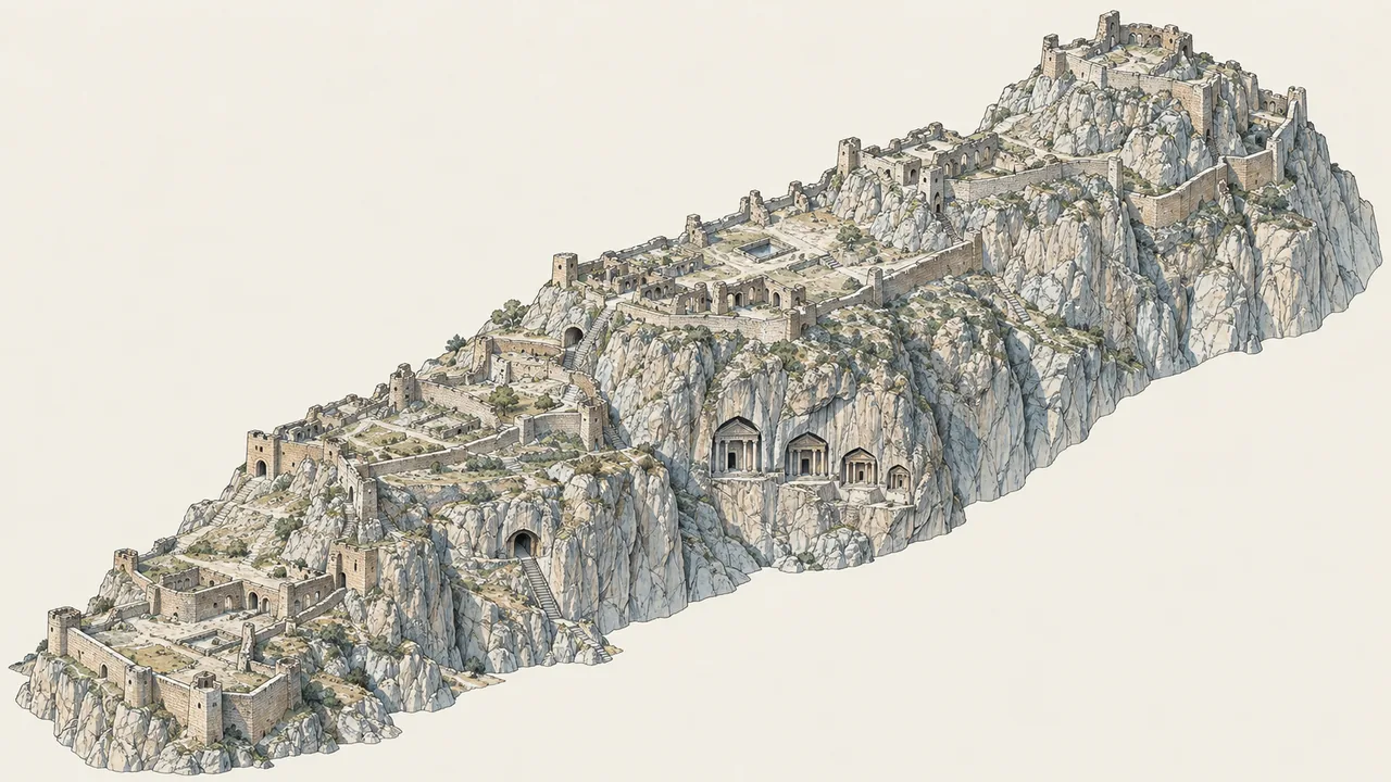 Harşena Dağı üzerindeki Amasya Kalesi'nin savunma katmanları ve kaya mezarlarıyla temsili aksonometrisi