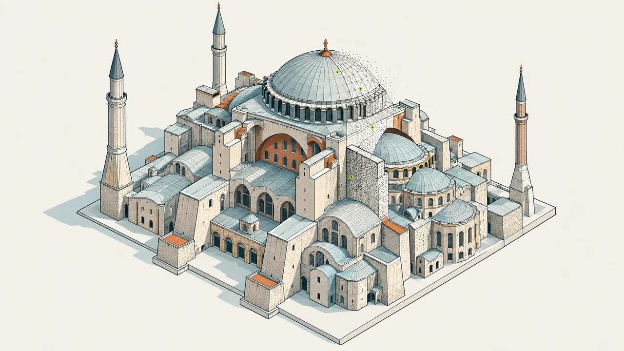 Ayasofya'nın kubbe, payanda ve minareleriyle aksonometrisi