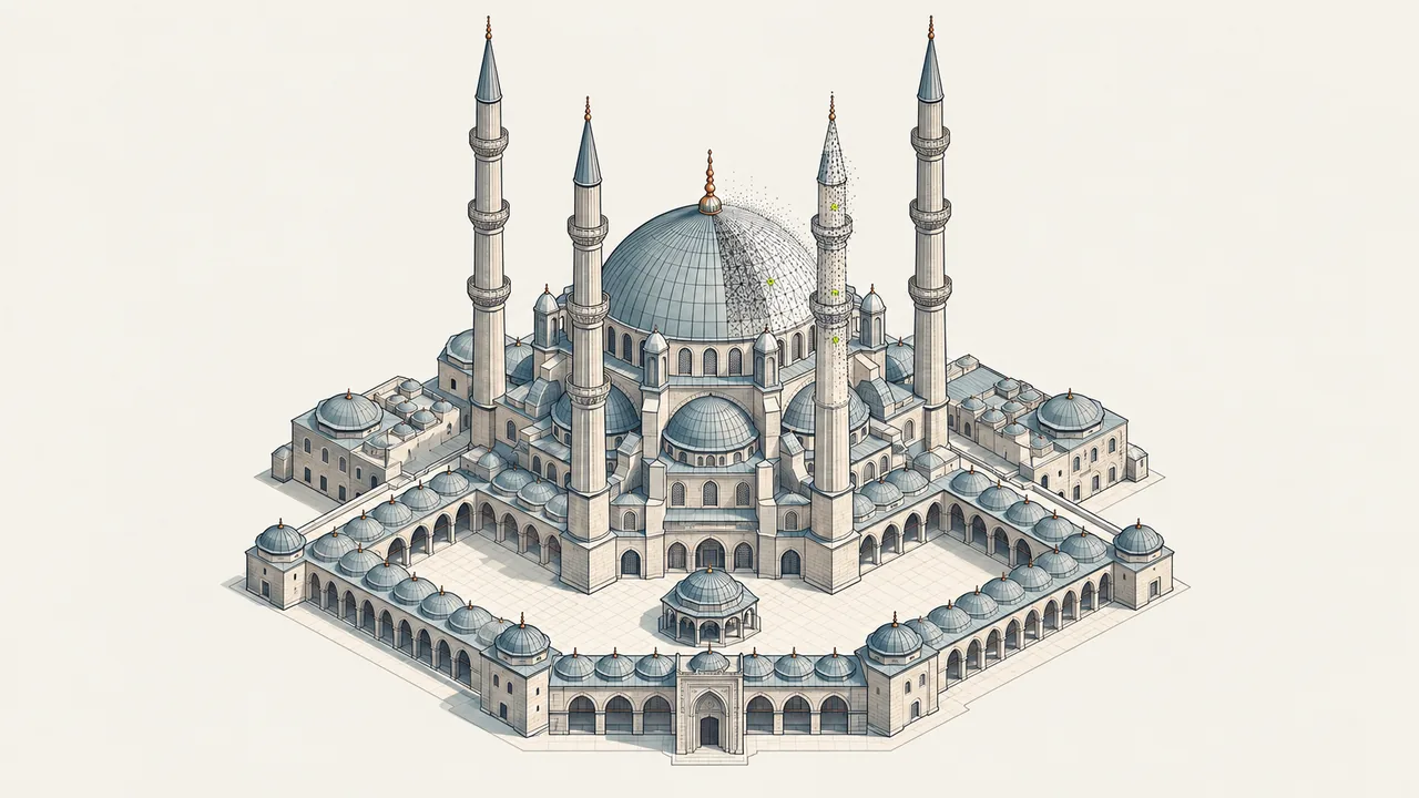Selimiye Camii'nin merkezi kubbe ve dört minareli aksonometrisi