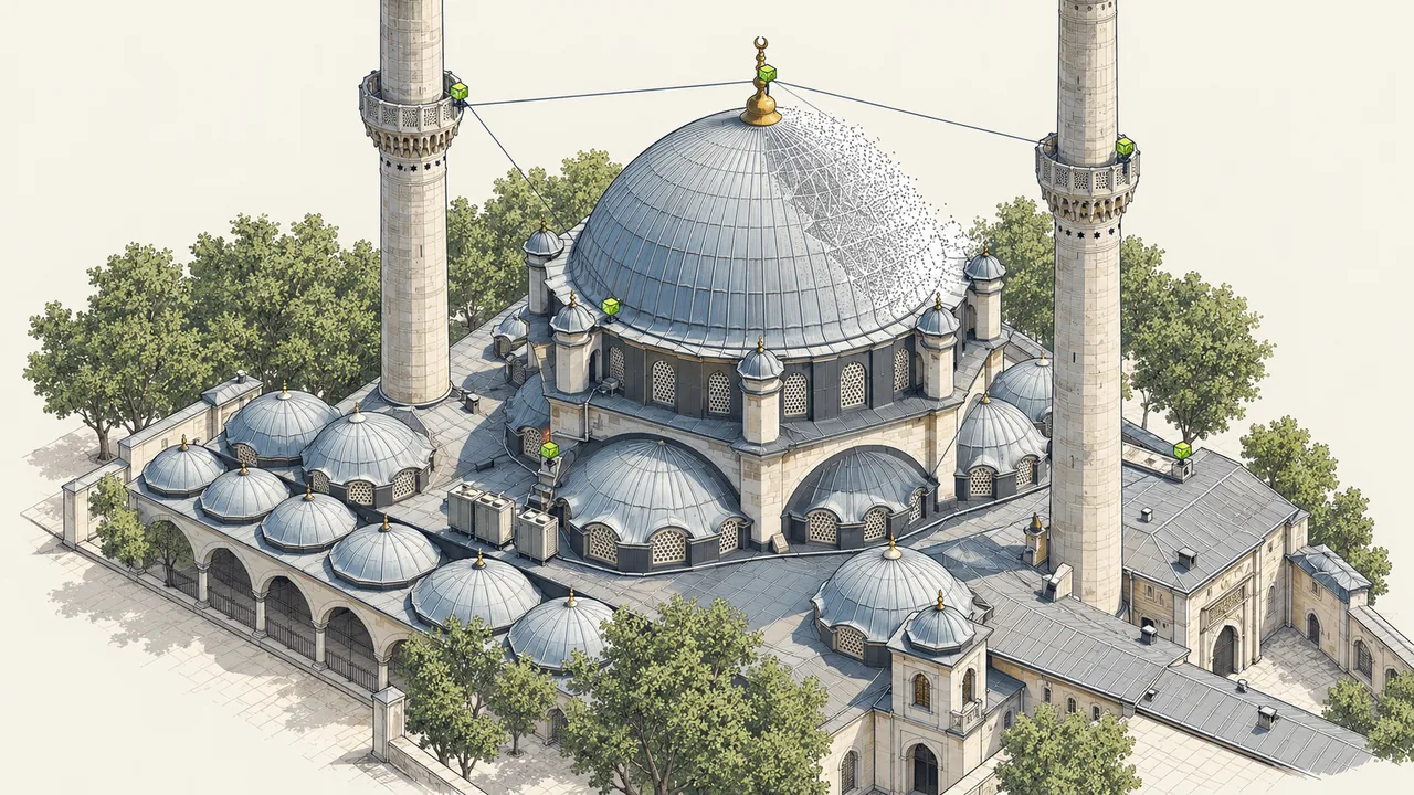 Eyüpsultan Camii'nin kubbe, minare ve izleme noktalarıyla aksonometrisi