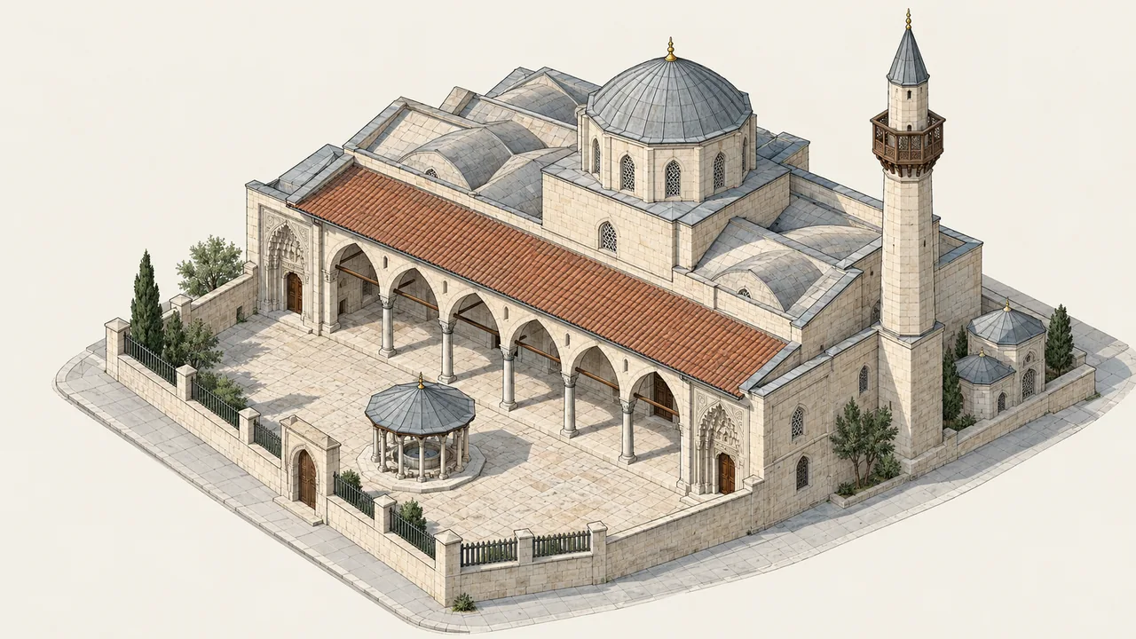 Habib-i Neccar Camii'nin tarihî avlu, kubbe ve poligonal minare düzeninin temsili aksonometrisi