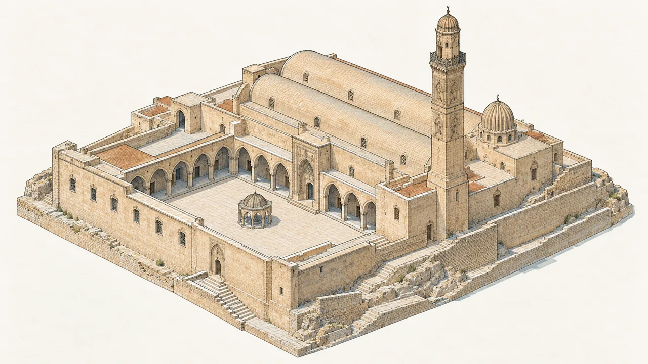 Mardin Ulu Camii avlu, tonoz ve minare kütlelerinin temsili aksonometrisi